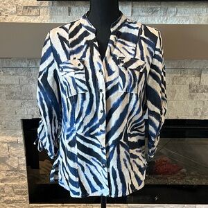 JM blue linen Zebra Print Women's Top size 10P